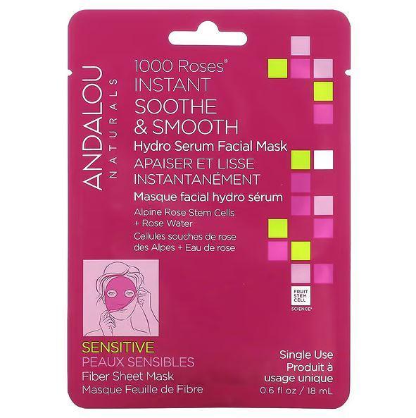 Andalou Naturals, Instant Soothe & Smooth, Hydro Serum Beauty Facial Mask, 1,000 Roses, 1 Fiber Sheet, 0.6 fl oz (18 ml) Discount